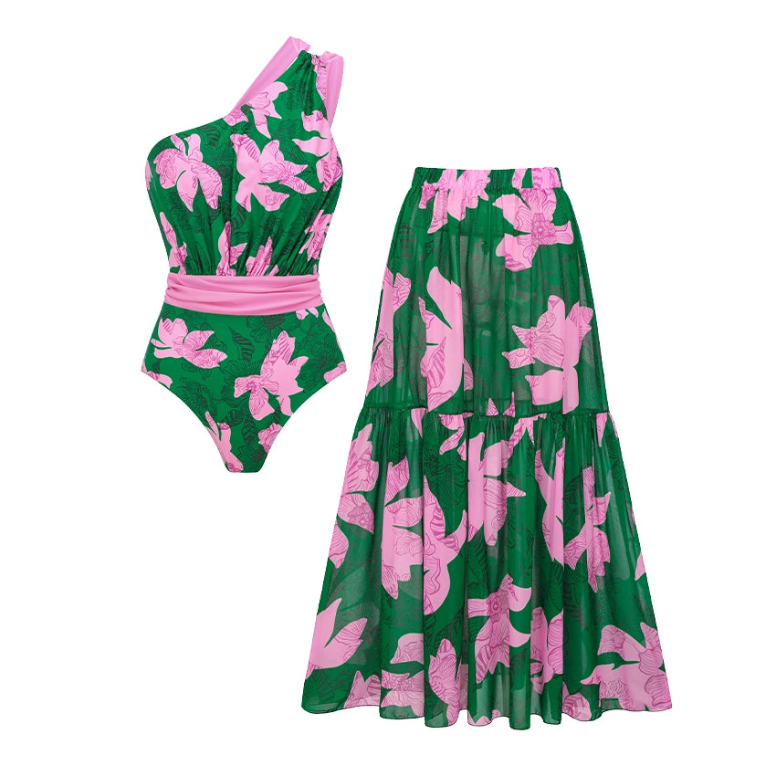 One Shoulder Printed Swimsuit Set
