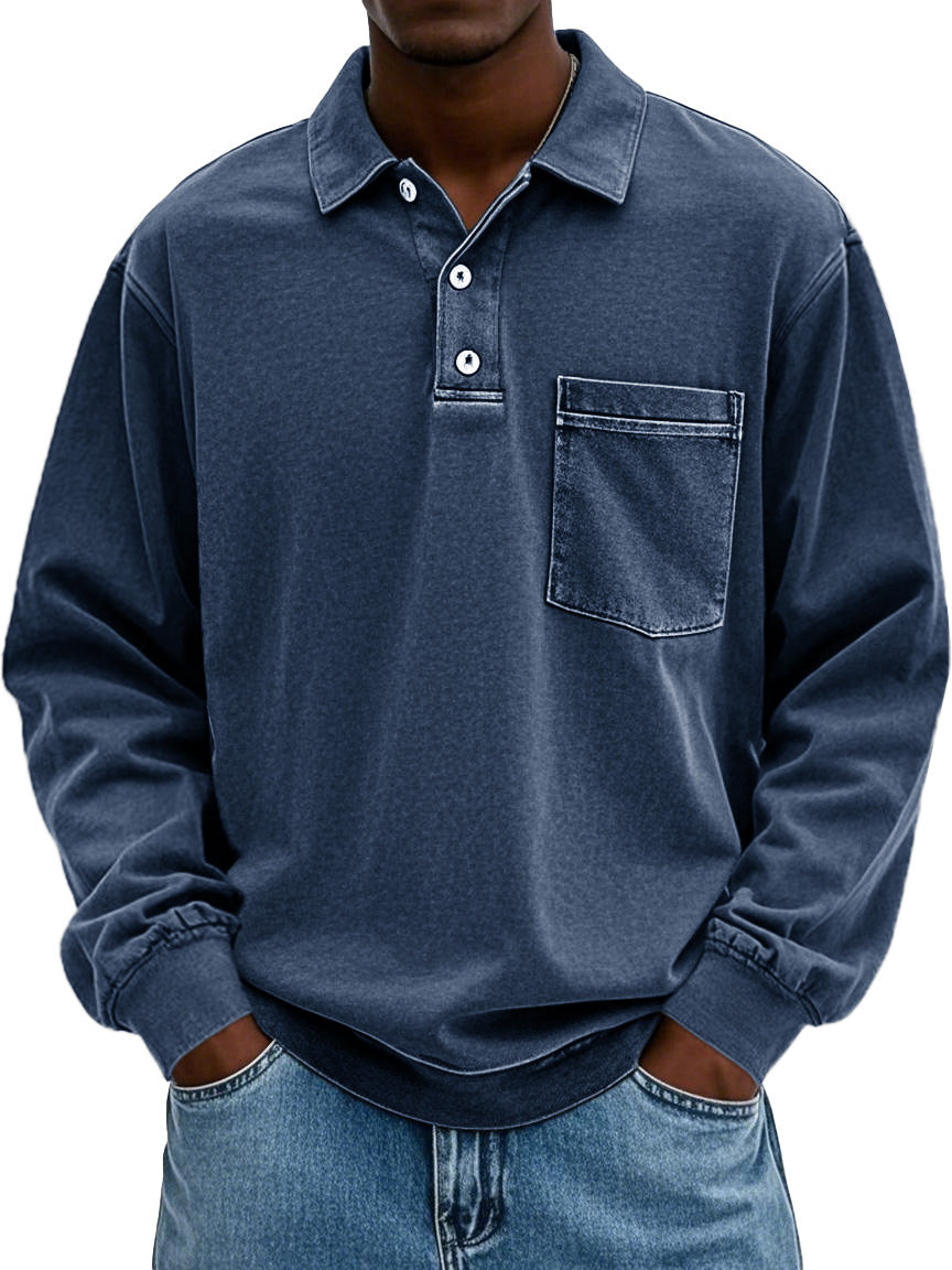 Men's Stylish Vintage Distressed Pocket Lapel Long-sleeved Polo Shirt