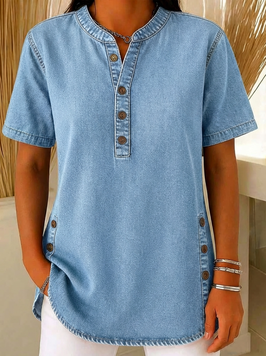 NEW🔥Women's V-neck short-sleeved Casual Button-up Loose Denim Top
