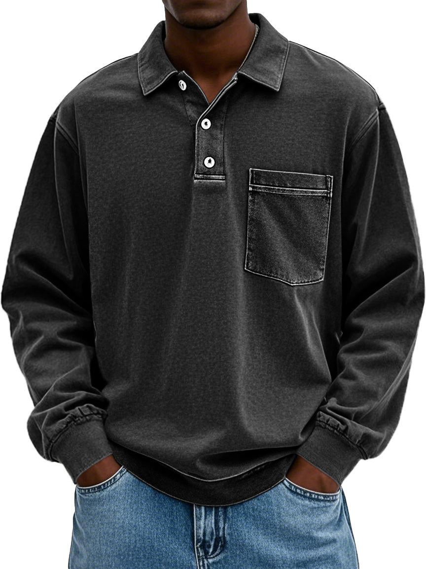 Men's Stylish Vintage Distressed Pocket Lapel Long-sleeved Polo Shirt