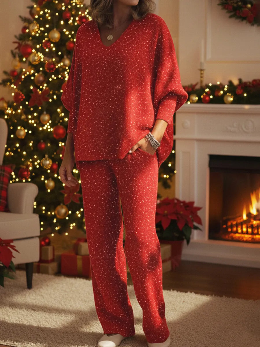CLEARANCE SALE🔥 Women's Sparkling V-neck Knit Top And Pants Two-piece Set