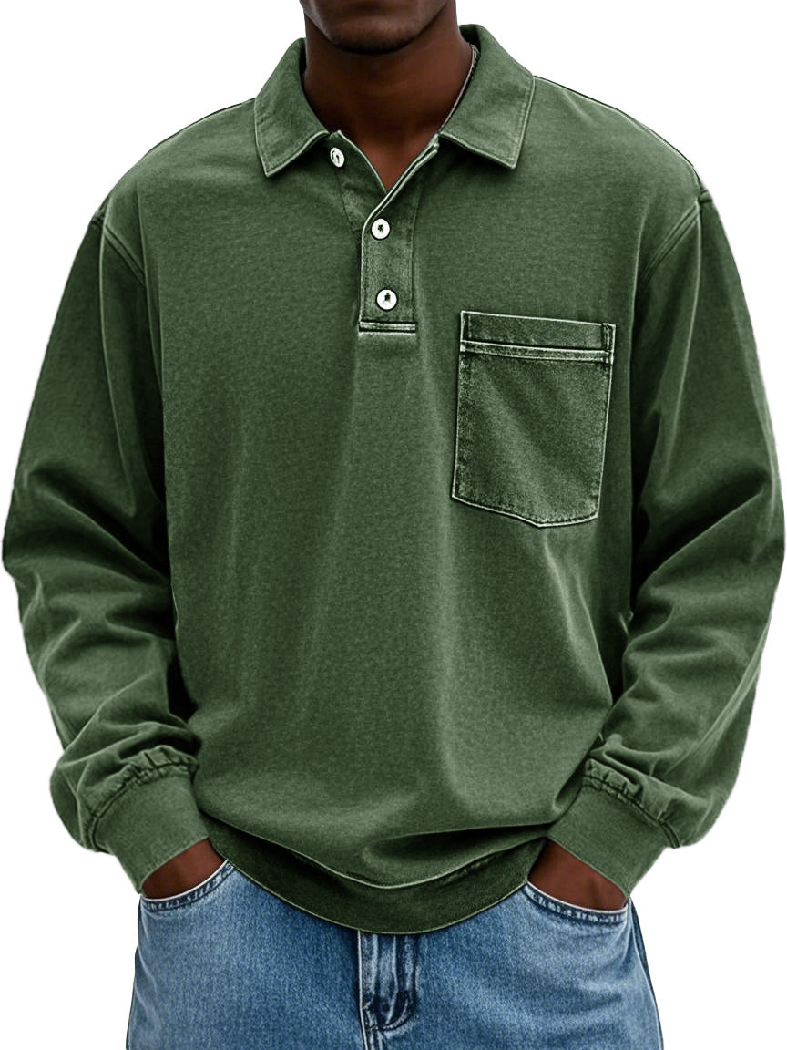 Men's Stylish Vintage Distressed Pocket Lapel Long-sleeved Polo Shirt