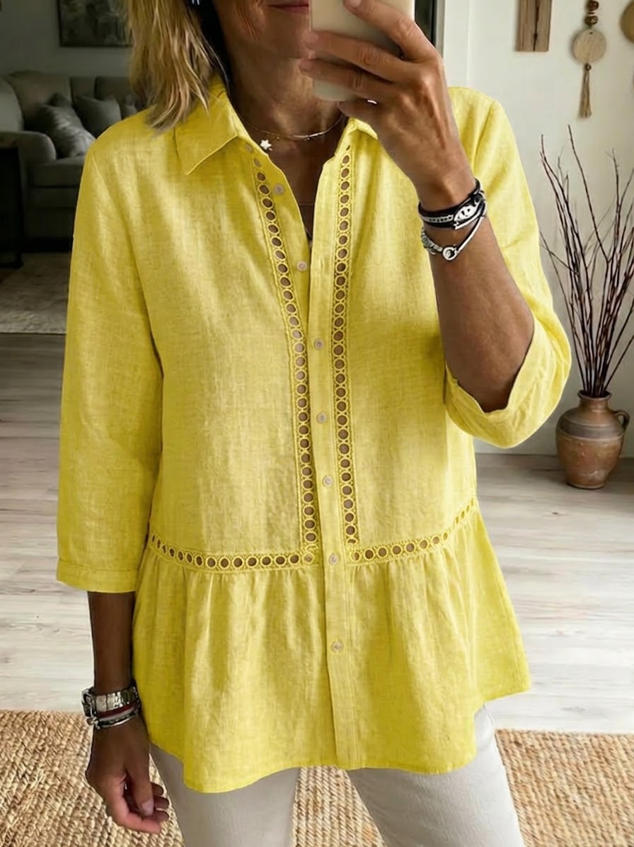 NEW🔥Women's Casual Patchwork Openwork Webbing Linen And Cotton Shirt