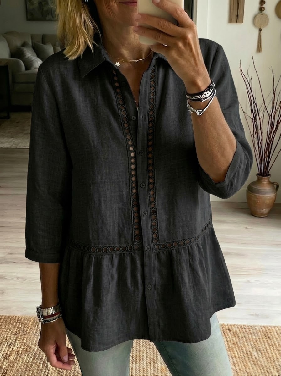 NEW🔥Women's Casual Patchwork Openwork Webbing Linen And Cotton Shirt