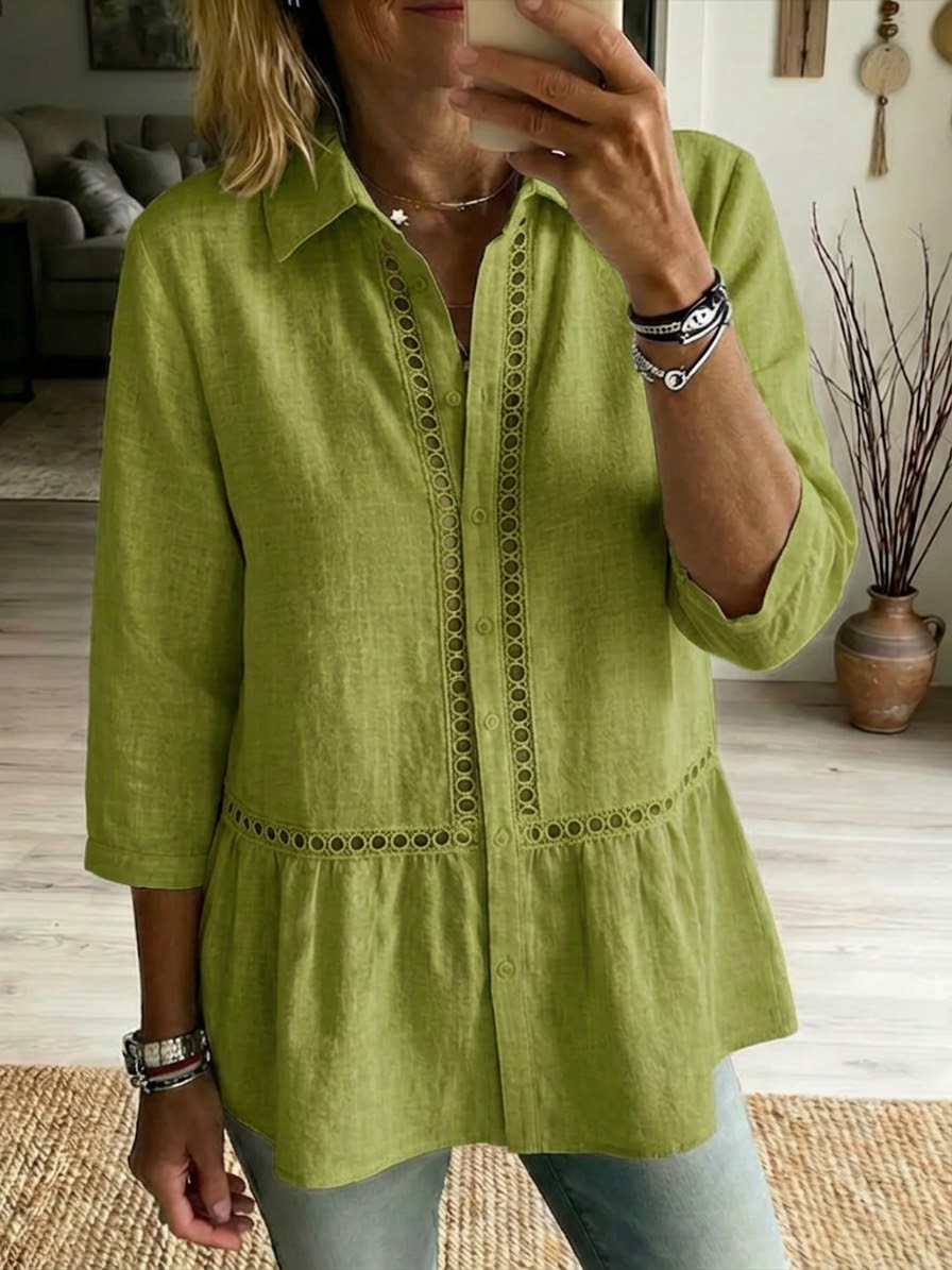 NEW🔥Women's Casual Patchwork Openwork Webbing Linen And Cotton Shirt