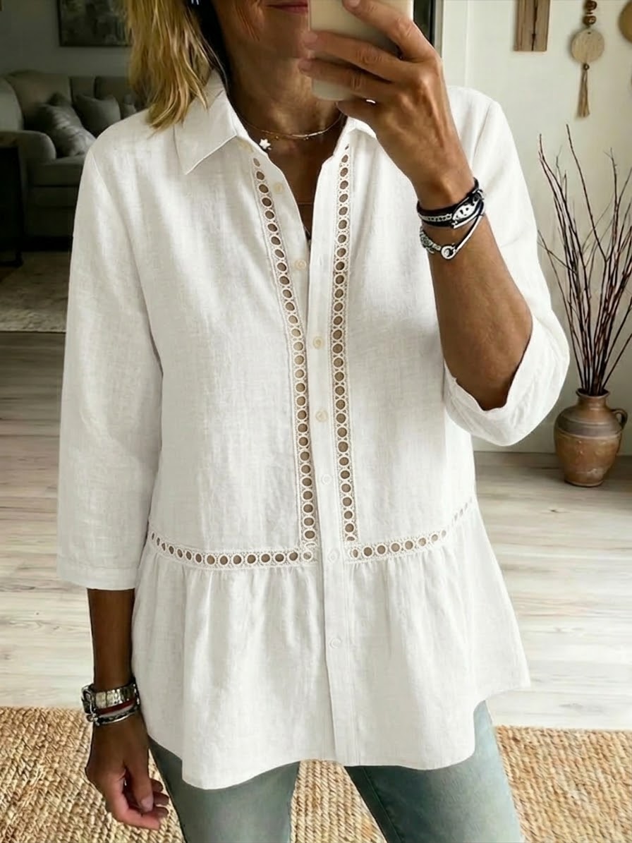 NEW🔥Women's Casual Patchwork Openwork Webbing Linen And Cotton Shirt